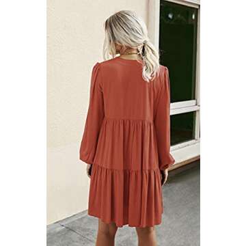 ECOWISH Women V Neck Puff Long Sleeve Dress Solid Loose Swing Pleated Shift Casual Tunic Dresses Orange Medium