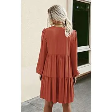 ECOWISH Women V Neck Puff Long Sleeve Dress Solid Loose Swing Pleated Shift Casual Tunic Dresses Orange Medium