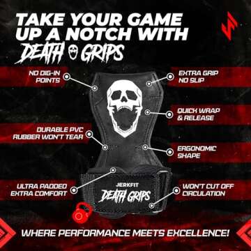JerkFit Death Grips, Lifting Straps for Deadlifts, Pull Ups, and Heavy Shrugs, with Padded Support, Palm Protection & Increased Grip for Heavy Pull Lifts (Small)