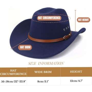 LIDHAY Cowboy Hat for Women and Men Felt Wide Brim Classic Outdoor Fedora Hats Western Cowboy Cowgirl Hats with Belt Buckle 3 Navy Blue