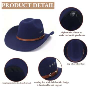 LIDHAY Cowboy Hat for Women and Men Felt Wide Brim Classic Outdoor Fedora Hats Western Cowboy Cowgirl Hats with Belt Buckle 3 Navy Blue