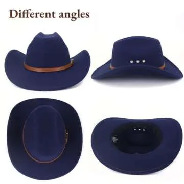LIDHAY Cowboy Hat for Women and Men Felt Wide Brim Classic Outdoor Fedora Hats Western Cowboy Cowgirl Hats with Belt Buckle 3 Navy Blue