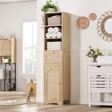 Elegant 67" Bathroom Storage Cabinet with Rattan Doors