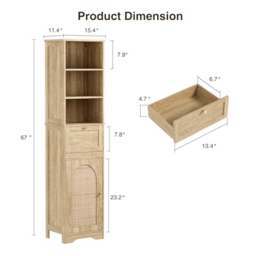 Elegant 67" Bathroom Storage Cabinet with Rattan Doors