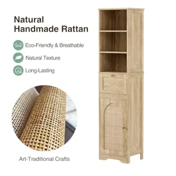 Elegant 67" Bathroom Storage Cabinet with Rattan Doors