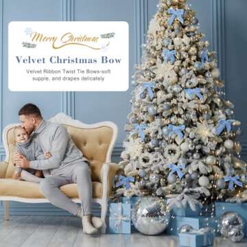 Utehilly 24 Light Blue Velvet Christmas Bows for Festive Decor
