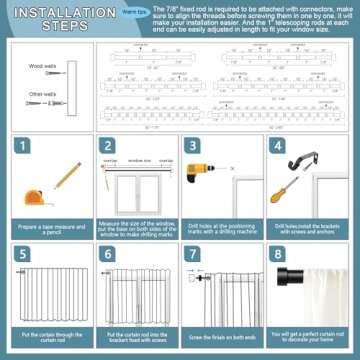 VOIIY Curtain Rods for Windows 48 to 84 Inch(4-7 Feet),Black 1'' Diameter Drapery Rods with End Cap Style Design,Modern Adjustable Heavy Duty Curtain Rod,Size:36''-88''