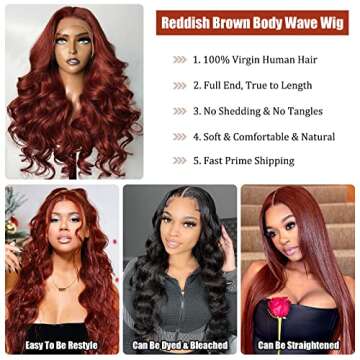 Reddish Brown Lace Front Wigs 12A Body Wave Human Hair Wigs for Women 13X4 HD Transparent Lace Front Wig 180% Density Brazilian Virgin Human Hair Wig Pre Plucked with Baby Hair Glueless Wigs 22 Inch