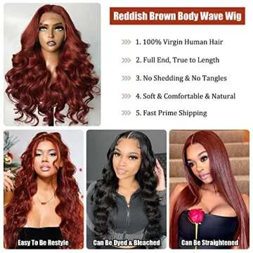 Reddish Brown Lace Front Wigs 12A Body Wave Human Hair Wigs for Women 13X4 HD Transparent Lace Front Wig 180% Density Brazilian Virgin Human Hair Wig Pre Plucked with Baby Hair Glueless Wigs 22 Inch