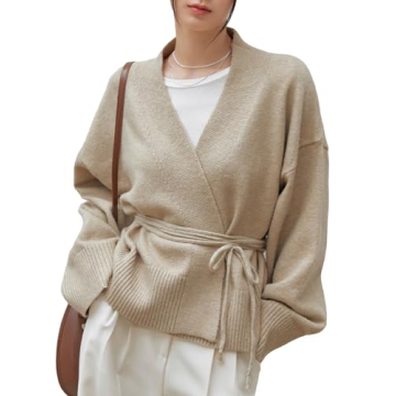 Verdusa Women's Drop Shoulder Long Sleeve Open Front Belted Wrap Cardigan Sweater Apricot XL