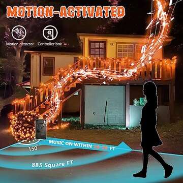 Vanthylit Halloween Lights Outdoor, 82 FT 200 LED Halloween String Lights with Music, Waterproof Orange Lights Plug in Motion Sensor Halloween Decorations Outdoor