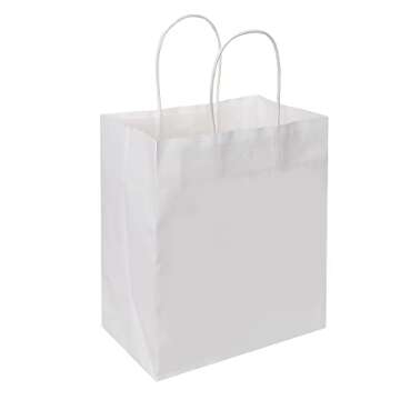 Oikss 50 Pack 8x4.75x10 Inch Medium White Kraft Paper Bags with Handles Bulk for Birthday Wedding Party Favors Grocery Retail Shopping Takeout Business Goody Craft Gift Bags Sacks, 50 Count