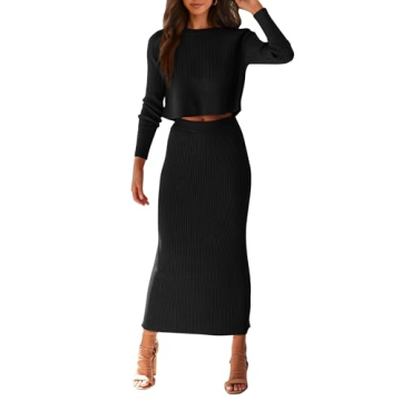 PRETTYGARDEN Women's Spring Fall 2 Piece Sweater Set Rib Knit Long Sleeve Crop Top Maxi Bodycon Skirt Casual Winter Outfits (Black,Medium)