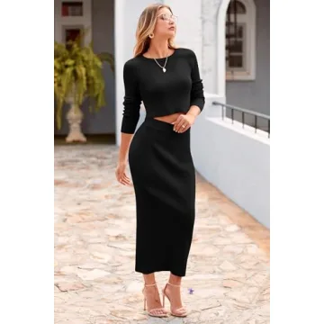 PRETTYGARDEN Women's Spring Fall 2 Piece Sweater Set Rib Knit Long Sleeve Crop Top Maxi Bodycon Skirt Casual Winter Outfits (Black,Medium)