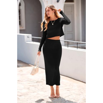 PRETTYGARDEN Women's Spring Fall 2 Piece Sweater Set Rib Knit Long Sleeve Crop Top Maxi Bodycon Skirt Casual Winter Outfits (Black,Medium)