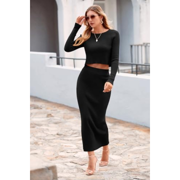 PRETTYGARDEN Women's Spring Fall 2 Piece Sweater Set Rib Knit Long Sleeve Crop Top Maxi Bodycon Skirt Casual Winter Outfits (Black,Medium)