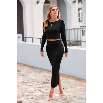 PRETTYGARDEN Women's Spring Fall 2 Piece Sweater Set Rib Knit Long Sleeve Crop Top Maxi Bodycon Skirt Casual Winter Outfits (Black,Medium)