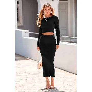 PRETTYGARDEN Women's Spring Fall 2 Piece Sweater Set Rib Knit Long Sleeve Crop Top Maxi Bodycon Skirt Casual Winter Outfits (Black,Medium)