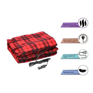 Heated Car Blanket - 12-Volt Electric Blanket for Car, Truck, SUV, or RV - Portable Heated Throw - Camping Essentials by Stalwart (Red Plaid)
