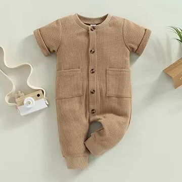 Mubineo Infant Baby Boy Girl Summer Fall Basic Plain Button Short Sleeve Romper Jumpsuit Clothes (Khaki, 12-18 Months)