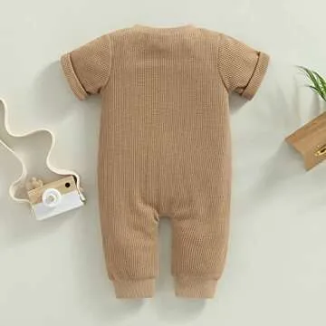 Mubineo Infant Baby Boy Girl Summer Fall Basic Plain Button Short Sleeve Romper Jumpsuit Clothes (Khaki, 12-18 Months)