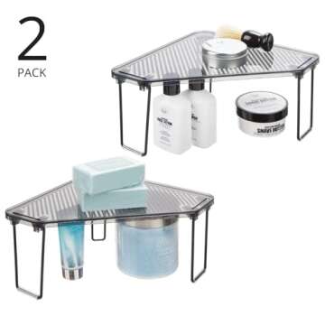 mDesign Plastic/Steel Corner Stackable Rack, Storage Organizer Shelf for Bathroom, Vanity, Countertop, Sink, Cabinet, Holds Makeup, Shower Accessories, Ligne Collection - 2 Pack - Black/Smoke Gray