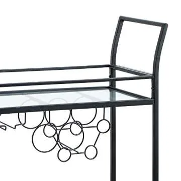 FirsTime & Co. Black Francesca Bar Cart, 2 Tier Mobile Mini Bar, Kitchen Serving Cart and Coffee Station with Storage for Wine and Glasses, Metal and Glass, Modern