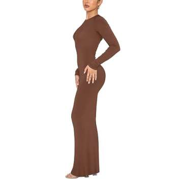 REORIA Women's Fall Sexy Casual Crew Neck Lounge Long Dress Formal Wedding Guest Long Sleeve Ribbed ...