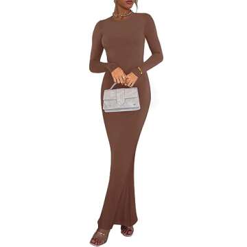 REORIA Women's Fall Sexy Casual Crew Neck Lounge Long Dress Formal Wedding Guest Long Sleeve Ribbed Bodycon Maxi Dresses Coffee X-Large