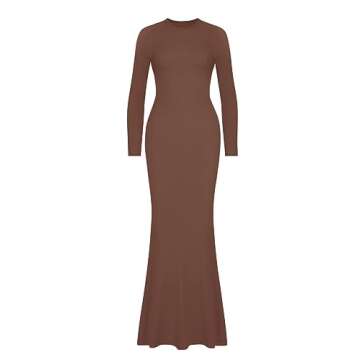 REORIA Women's Fall Sexy Casual Crew Neck Lounge Long Dress Formal Wedding Guest Long Sleeve Ribbed Bodycon Maxi Dresses Coffee X-Large