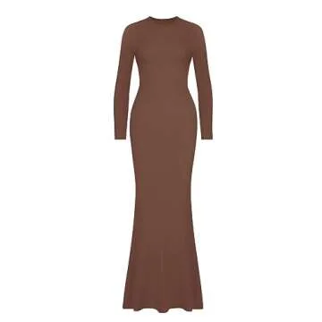 REORIA Women's Fall Sexy Casual Crew Neck Lounge Long Dress Formal Wedding Guest Long Sleeve Ribbed Bodycon Maxi Dresses Coffee X-Large