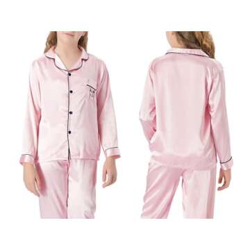 Topgal Big Girls Pajamas Size 14 - Quality Satin Cute Cat Long Sleeve Loungewear Pink