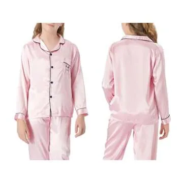 Topgal Big Girls Pajamas Size 14 - Quality Satin Cute Cat Long Sleeve Loungewear Pink