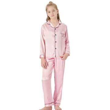 Topgal Big Girls Pajamas Size 14 - Quality Satin Cute Cat Long Sleeve Loungewear Pink