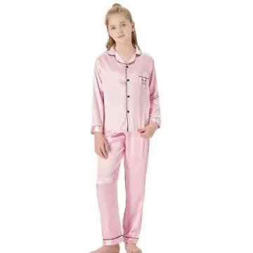 Topgal Big Girls Pajamas Size 14 - Quality Satin Cute Cat Long Sleeve Loungewear Pink