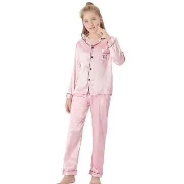 Topgal Big Girls Pajamas Size 14 - Quality Satin Cute Cat Long Sleeve Loungewear Pink