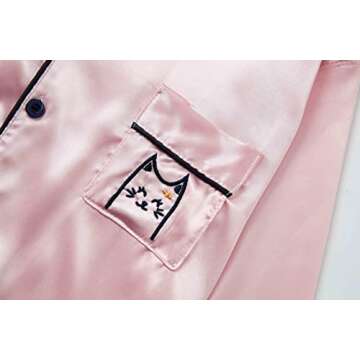 Topgal Big Girls Pajamas Size 14 - Quality Satin Cute Cat Long Sleeve Loungewear Pink