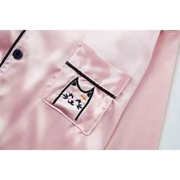 Topgal Big Girls Pajamas Size 14 - Quality Satin Cute Cat Long Sleeve Loungewear Pink