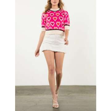 Yiulangde Valentine's Day Sweaters for Women 2024 Colorful Heart Short Puff Sleeve Shirts Holiday Gr...