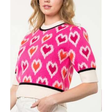 Yiulangde Valentine's Day Sweaters for Women 2024 Colorful Heart Short Puff Sleeve Shirts Holiday Graphic Knit Vest Tank Tops