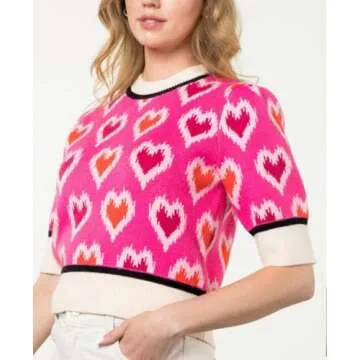 Yiulangde Valentine's Day Sweaters for Women 2024 Colorful Heart Short Puff Sleeve Shirts Holiday Graphic Knit Vest Tank Tops