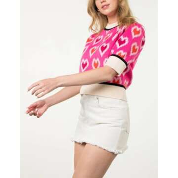 Yiulangde Valentine's Day Sweaters for Women 2024 Colorful Heart Short Puff Sleeve Shirts Holiday Graphic Knit Vest Tank Tops