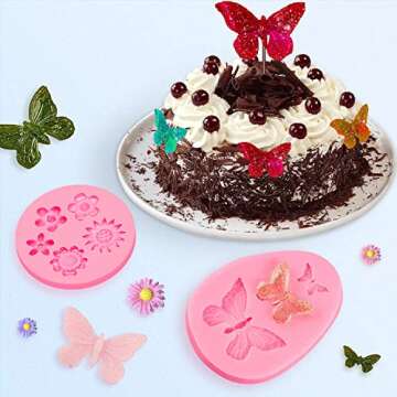 DAMOTK 6 Pack Pink Silicone Cake Molds - Butterfly, Rose, Leaves