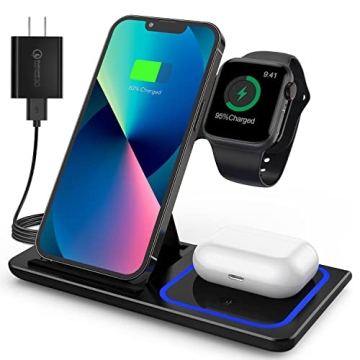 Wireless Charger, 3 in 1 Fast Wireless Charging Station Dock Compatible with iPhone 13/12/11/Pro/XS/...