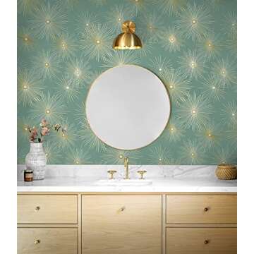 NextWall Starburst Geo Mid Century Peel and Stick Wallpaper (Teal & Metallic Gold)