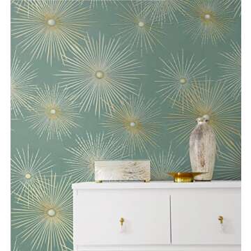 NextWall Starburst Geo Mid Century Peel and Stick Wallpaper (Teal & Metallic Gold)