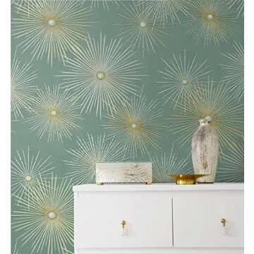 NextWall Starburst Geo Mid Century Peel and Stick Wallpaper (Teal & Metallic Gold)