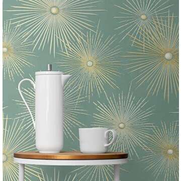 NextWall Starburst Geo Mid Century Peel and Stick Wallpaper (Teal & Metallic Gold)
