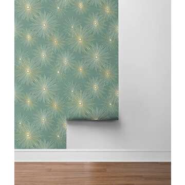 NextWall Starburst Geo Mid Century Peel and Stick Wallpaper (Teal & Metallic Gold)