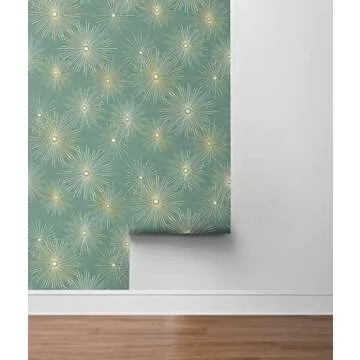 NextWall Starburst Geo Mid Century Peel and Stick Wallpaper (Teal & Metallic Gold)